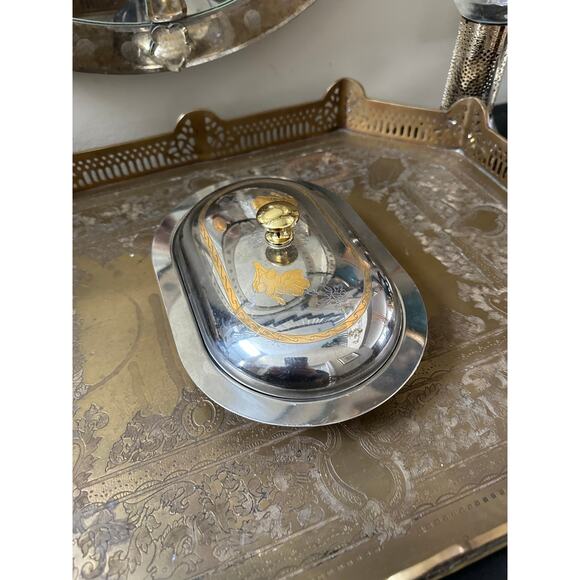 MCM Stainless Steel Lidded Butter Dish caviar cake tray set gold floral fasix - Picture 11 of 16